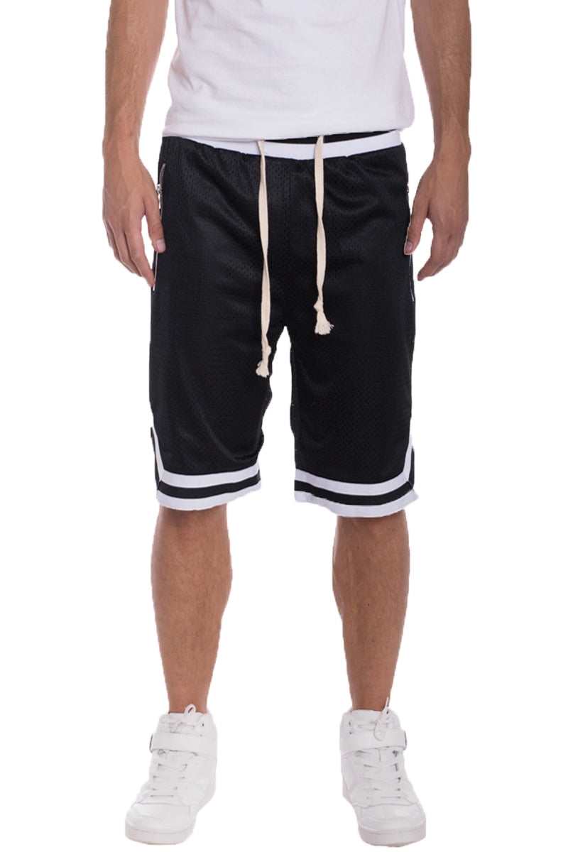 Wilcox Mesh Shorts featuring elastic waistband, drawstring, and stylish contrast stripes.