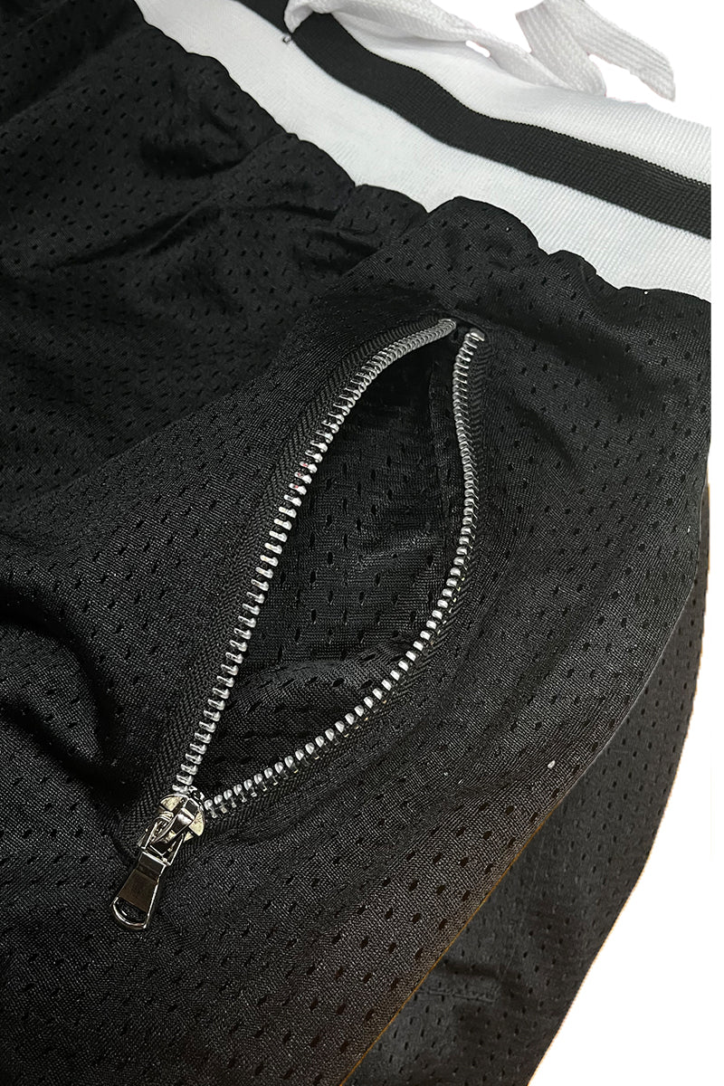 Wilcox Mesh Shorts featuring elastic waistband, drawstring, and stylish contrast stripes.