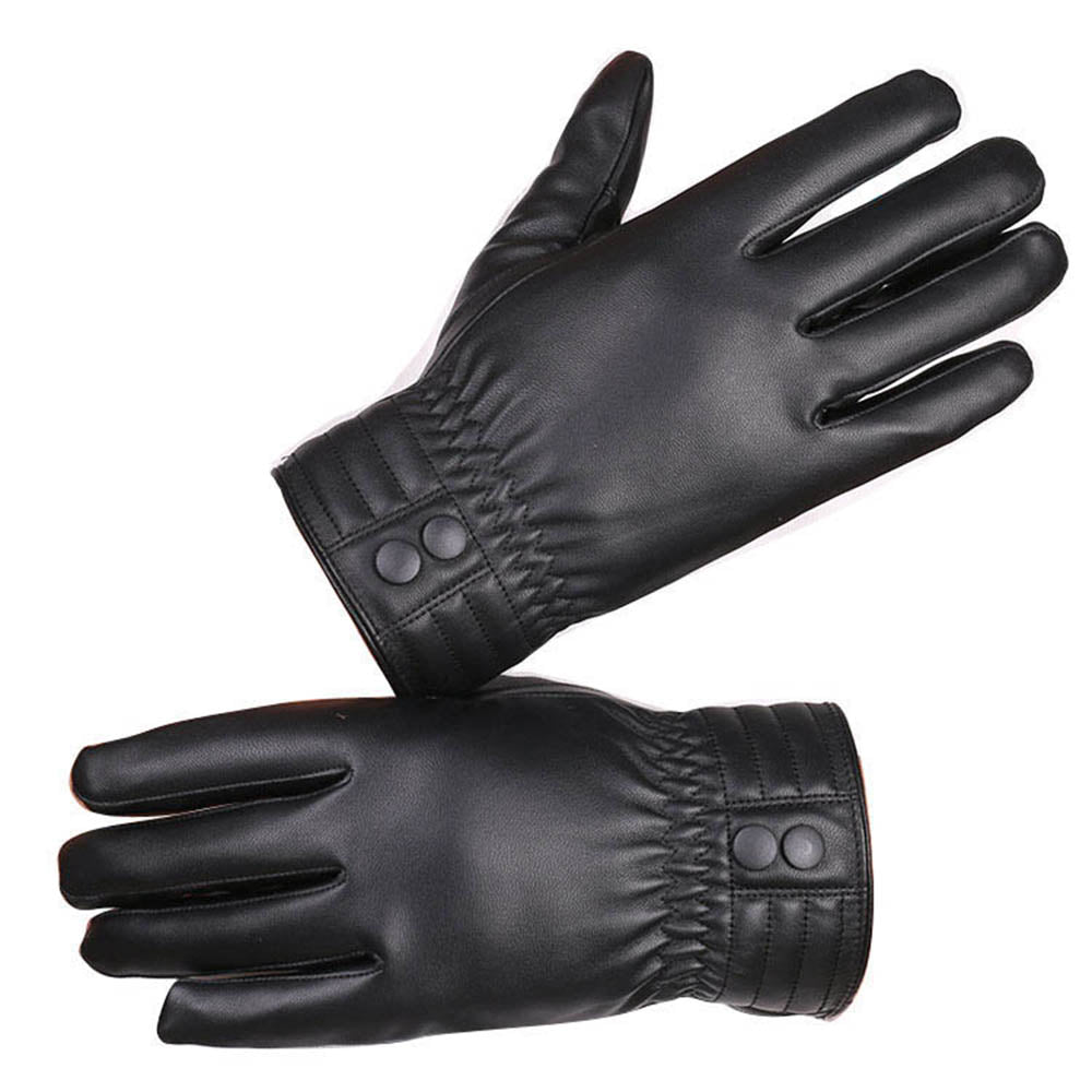 A pair of stylish black men's leather gloves lined with soft coral fleece, designed for warmth and touchscreen functionality.