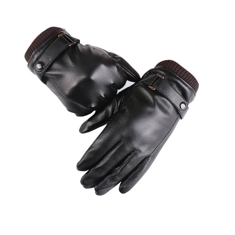 A pair of stylish black leather gloves lined with soft coral fleece, designed for winter use and featuring touchscreen functionality.
