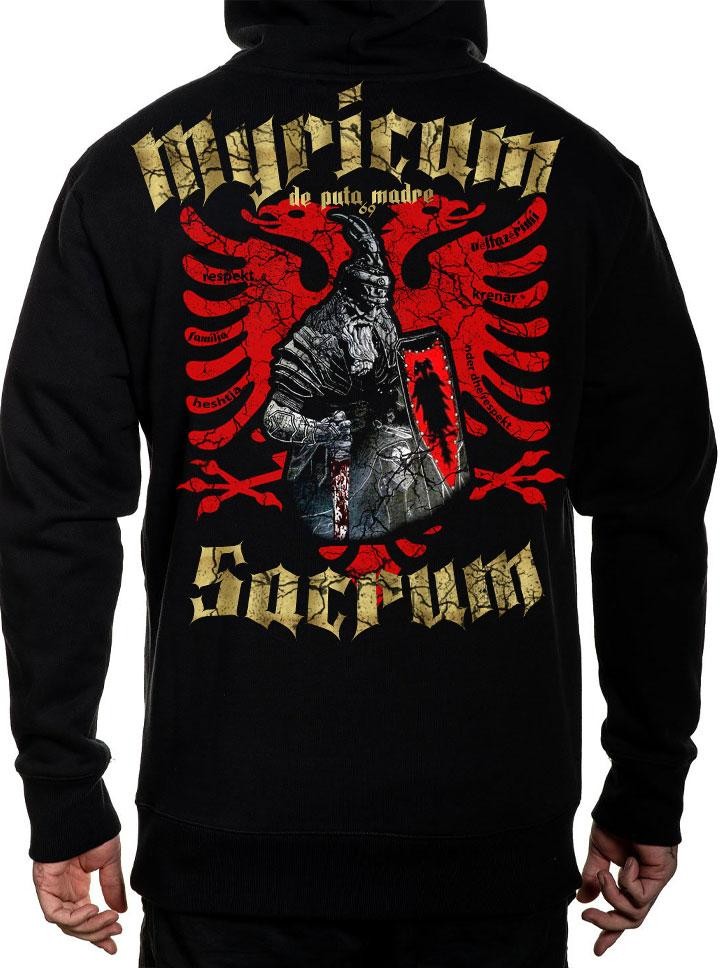 Men's Myricum Sacrum hoodie featuring handmade prints and DPM69 logo, crafted from breathable jersey cotton.