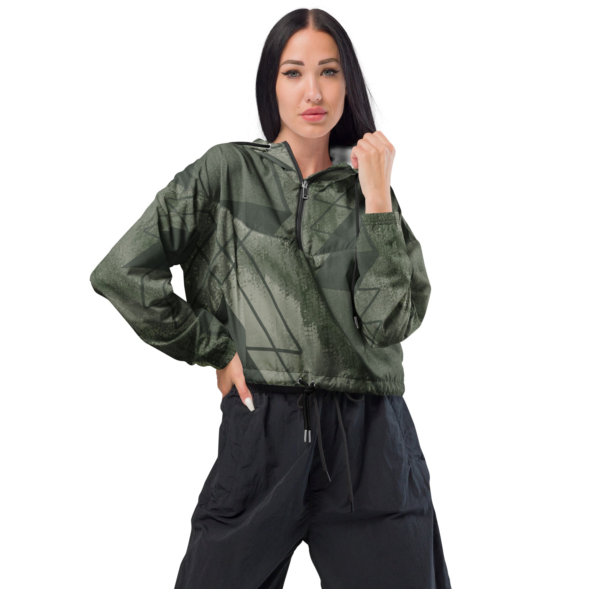 Women's Cropped Windbreaker Jacket in Olive Green with Triangular Colorblock design, showcasing its stylish silhouette and functional features.