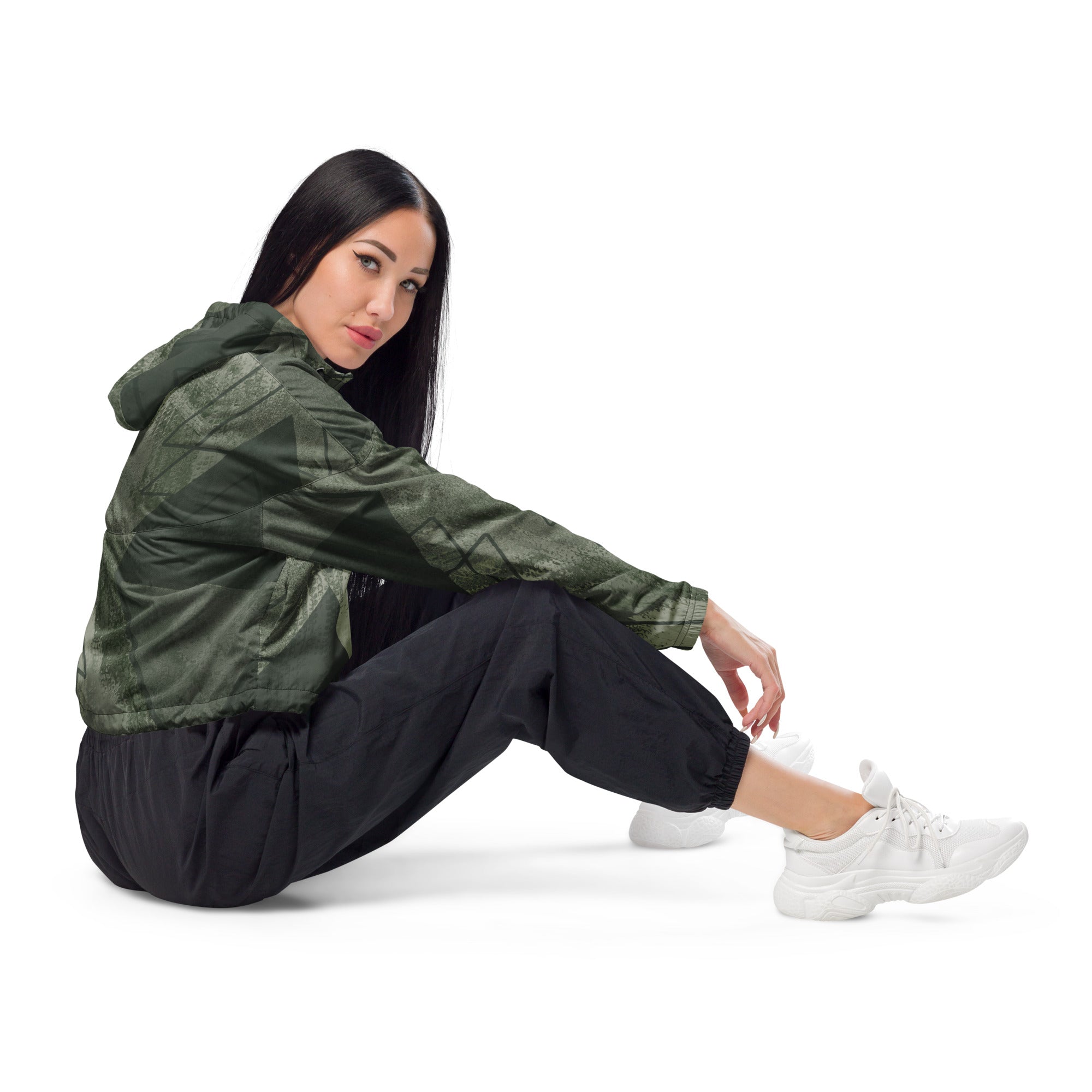 Women's Cropped Windbreaker Jacket in Olive Green with Triangular Colorblock design, showcasing its stylish silhouette and functional features.