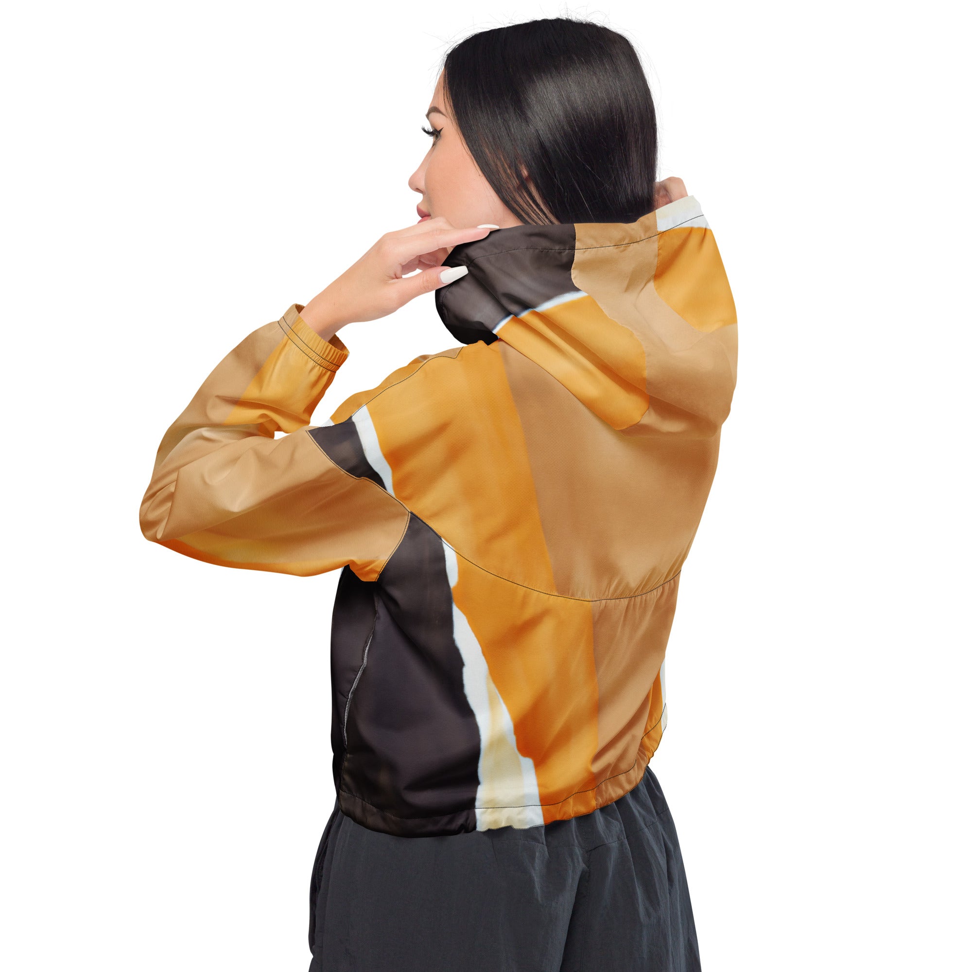 Women's Cropped Windbreaker Jacket featuring a yellow-brown abstract pattern, designed for style and functionality with adjustable features.