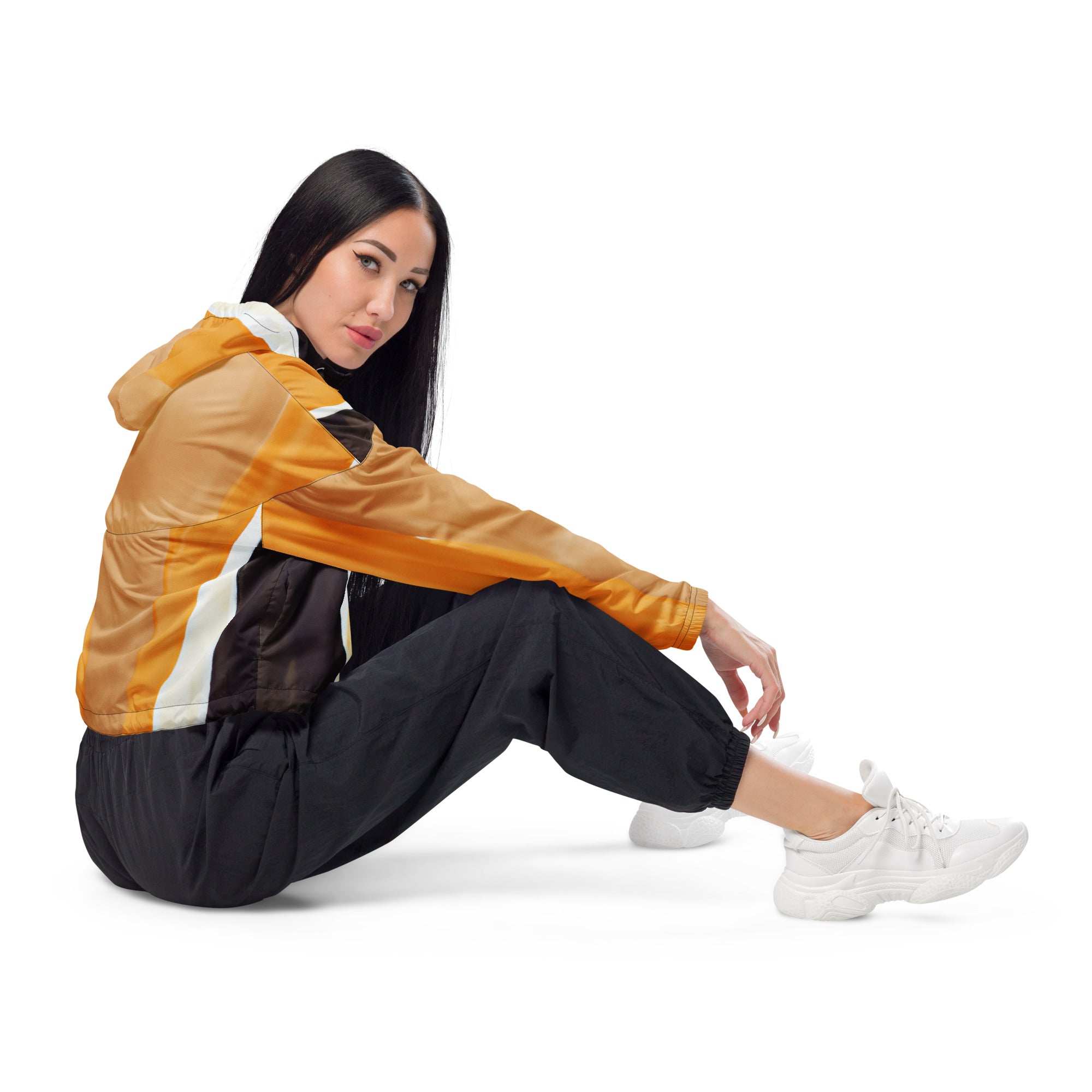 Women's Cropped Windbreaker Jacket featuring a yellow-brown abstract pattern, designed for style and functionality with adjustable features.