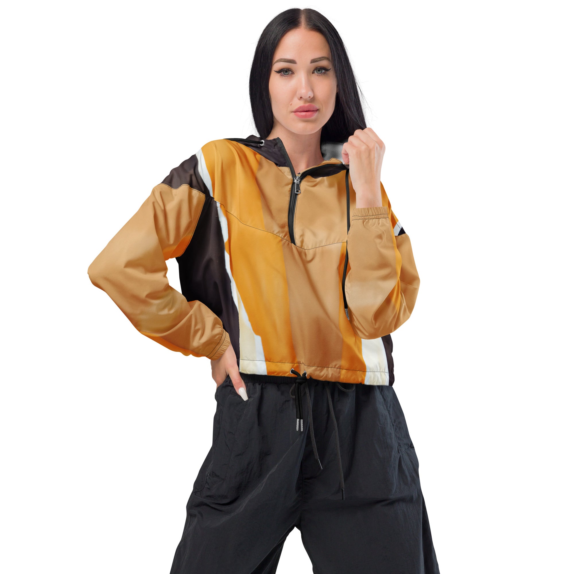 Women's Cropped Windbreaker Jacket featuring a yellow-brown abstract pattern, designed for style and functionality with adjustable features.