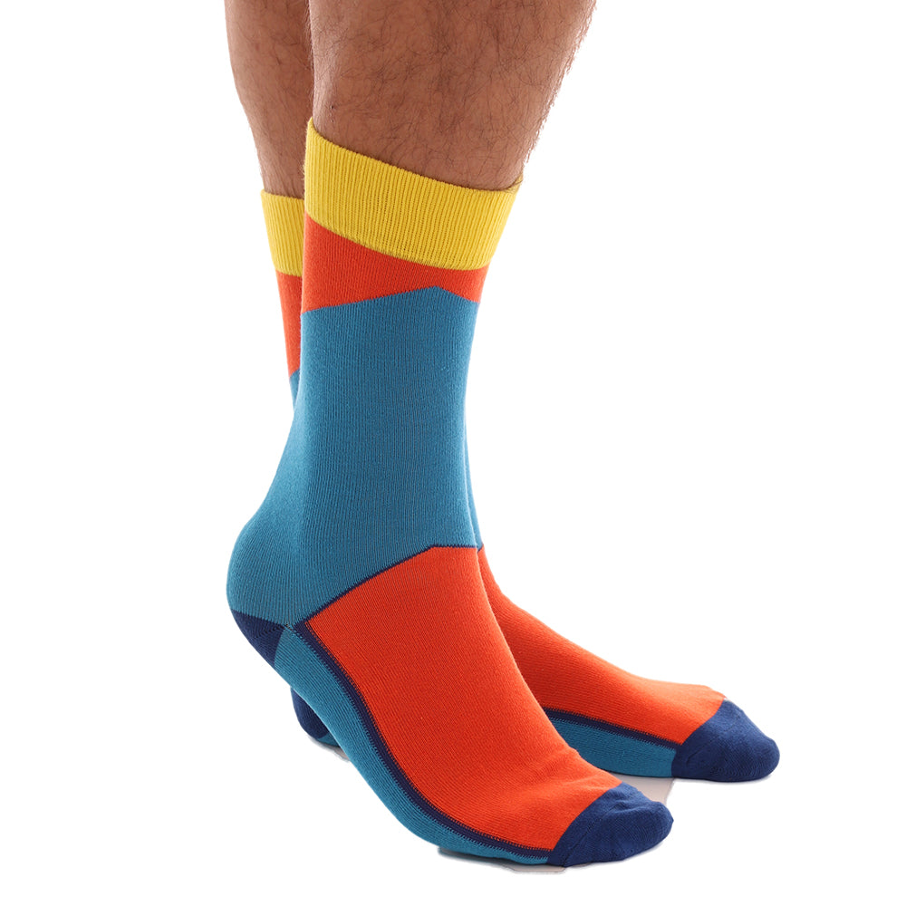 Yellow Orange Blue Mens Dress Socks made from premium cotton, featuring a vibrant multi-color design and ribbed elastic for comfort.