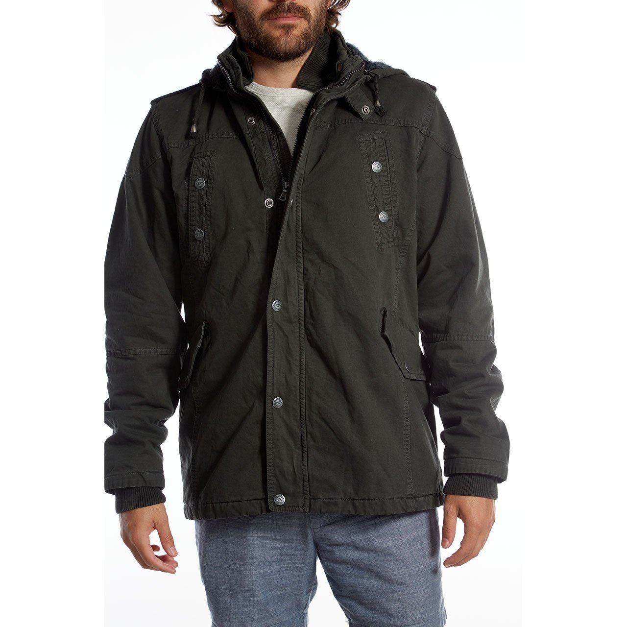 Zach Long Cotton Jacket featuring a detachable hood, sherpa lining, and multiple pockets in a stylish garment dyed design.