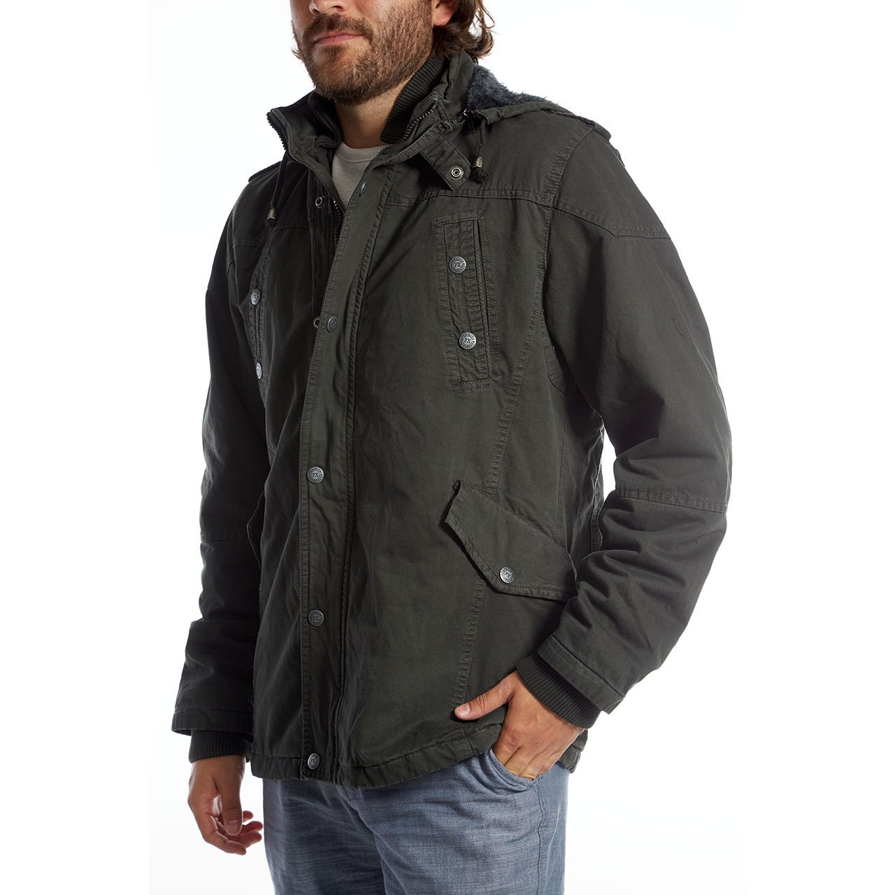 Zach Long Cotton Jacket featuring a detachable hood, sherpa lining, and multiple pockets in a stylish garment dyed design.