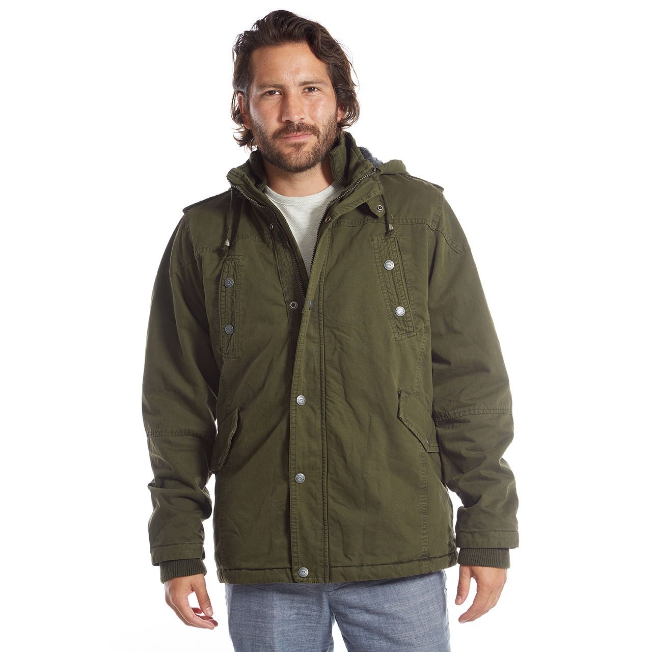 Zach Long Cotton Jacket featuring a detachable hood, sherpa lining, and multiple pockets in a stylish design.