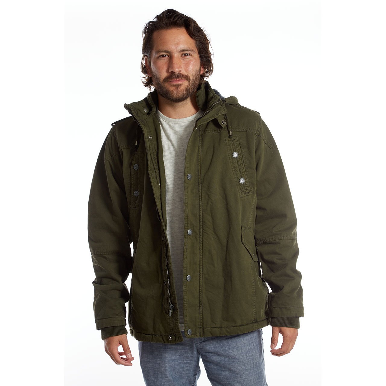 Zach Long Cotton Jacket featuring a detachable hood, sherpa lining, and multiple pockets in a stylish design.