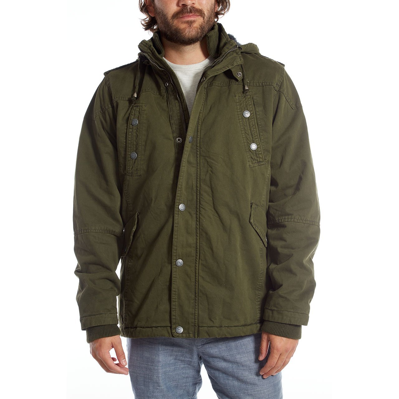 Zach Long Cotton Jacket featuring a detachable hood, sherpa lining, and multiple pockets in a stylish design.