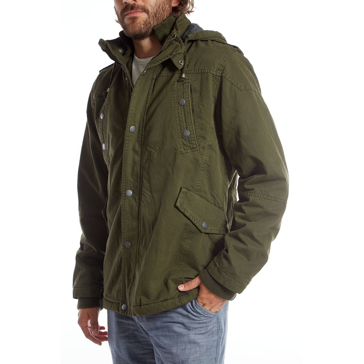 Zach Long Cotton Jacket featuring a detachable hood, sherpa lining, and multiple pockets in a stylish design.