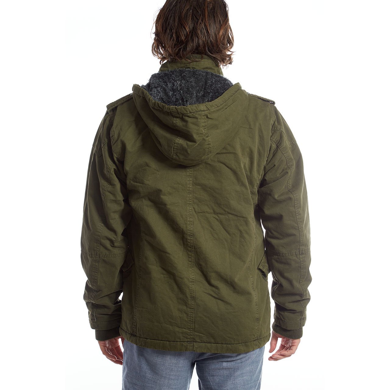 Zach Long Cotton Jacket featuring a detachable hood, sherpa lining, and multiple pockets in a stylish design.