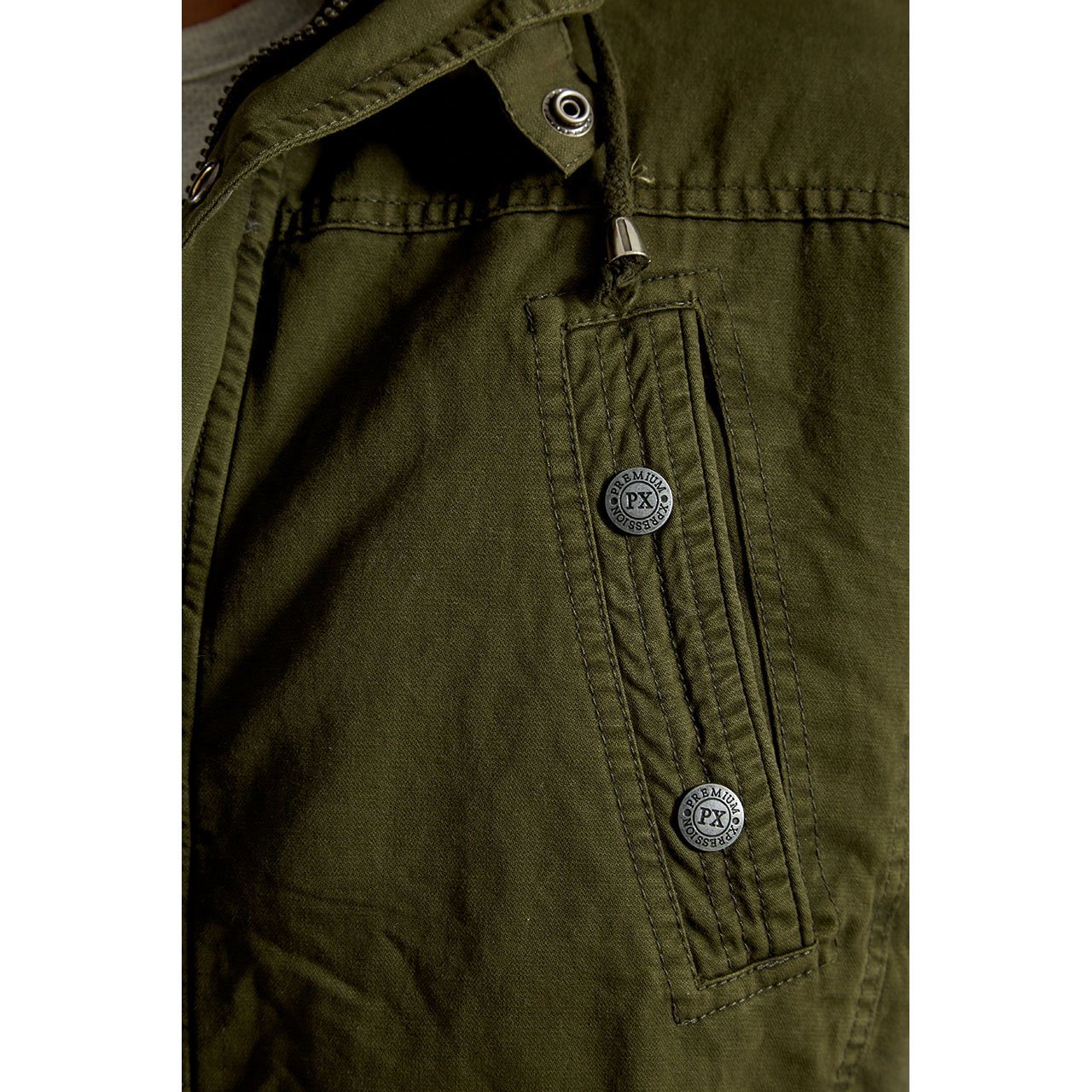 Zach Long Cotton Jacket featuring a detachable hood, sherpa lining, and multiple pockets in a stylish design.