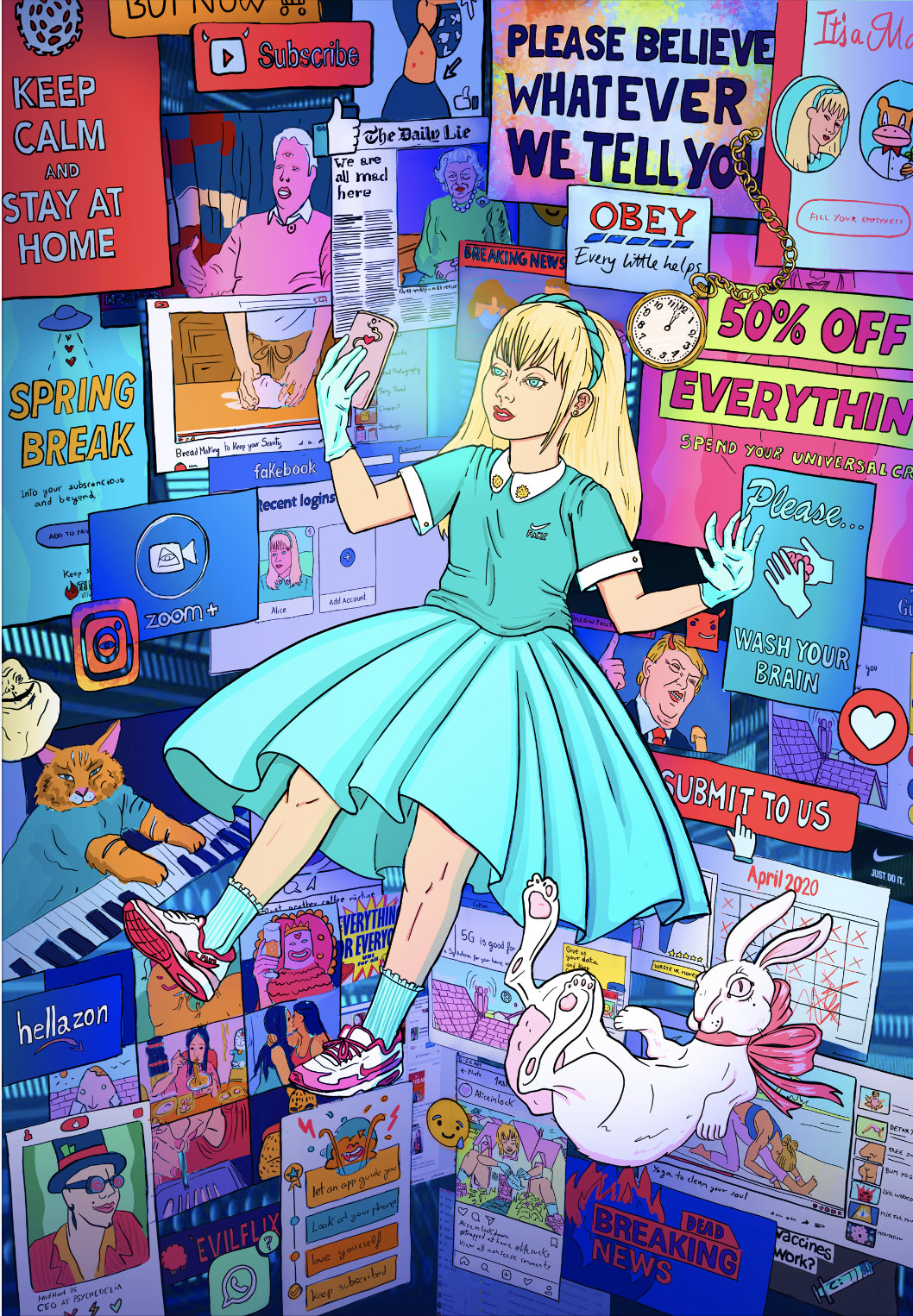 Alice in Lockdown Series Bundle featuring five award-winning illustrations with pop culture symbols and pastel colors.