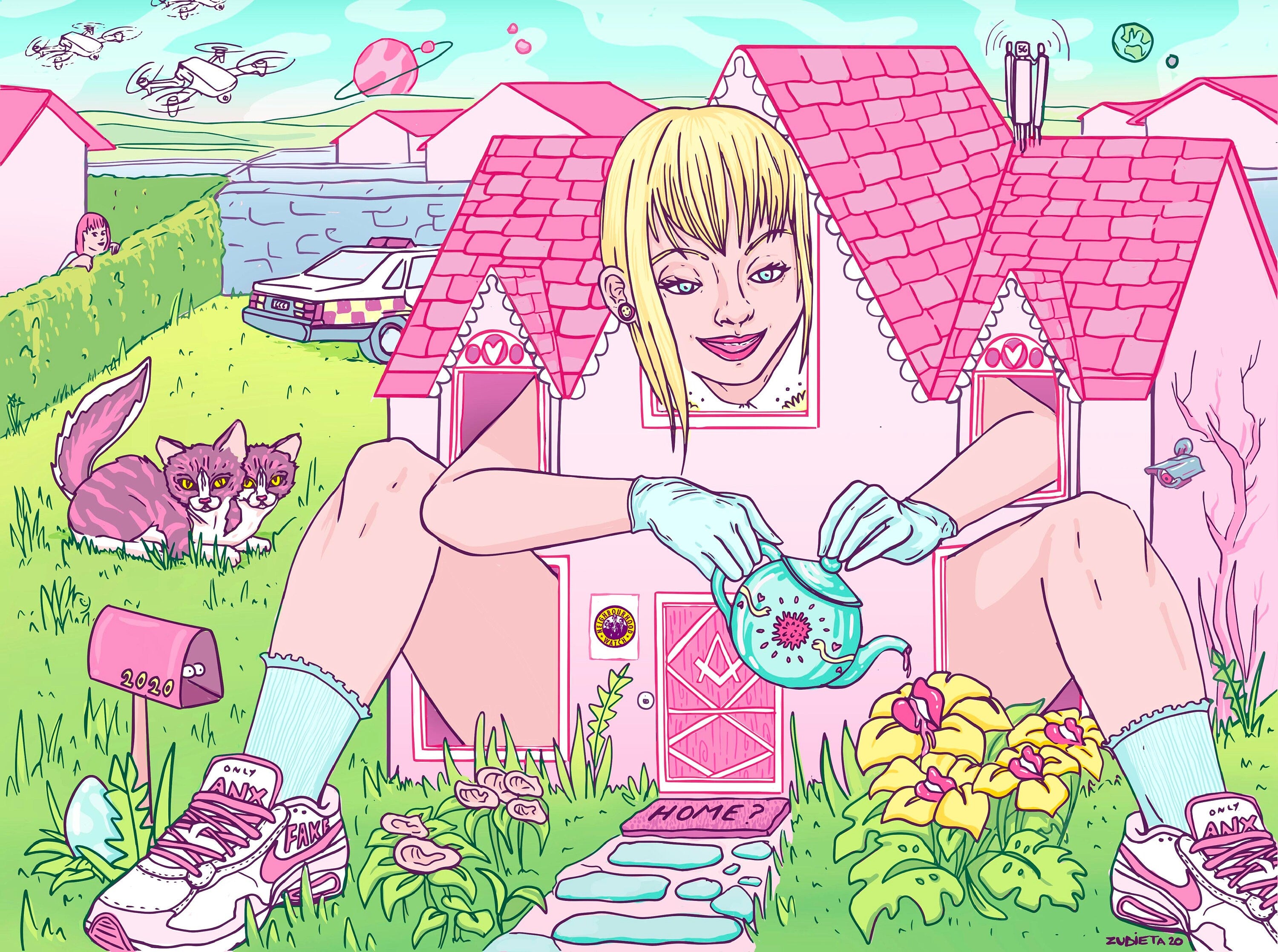 Alice in Lockdown Series Bundle featuring five award-winning illustrations with pop culture symbols and pastel colors.