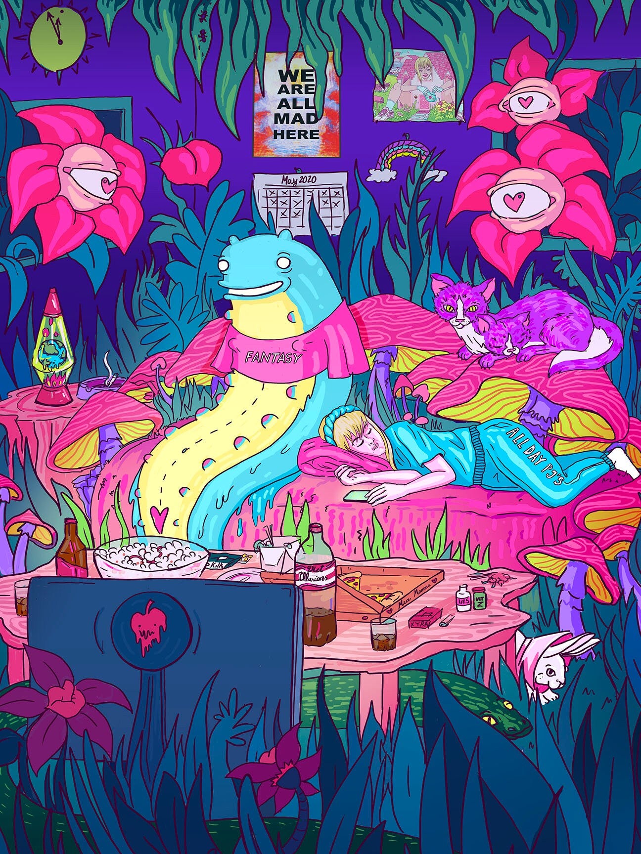 Alice in Lockdown Series Bundle featuring five award-winning illustrations with pop culture symbols and pastel colors.