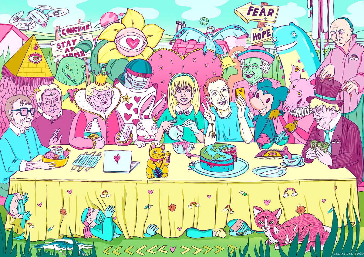 Alice in Lockdown Series Bundle featuring five award-winning illustrations with pop culture symbols and pastel colors.