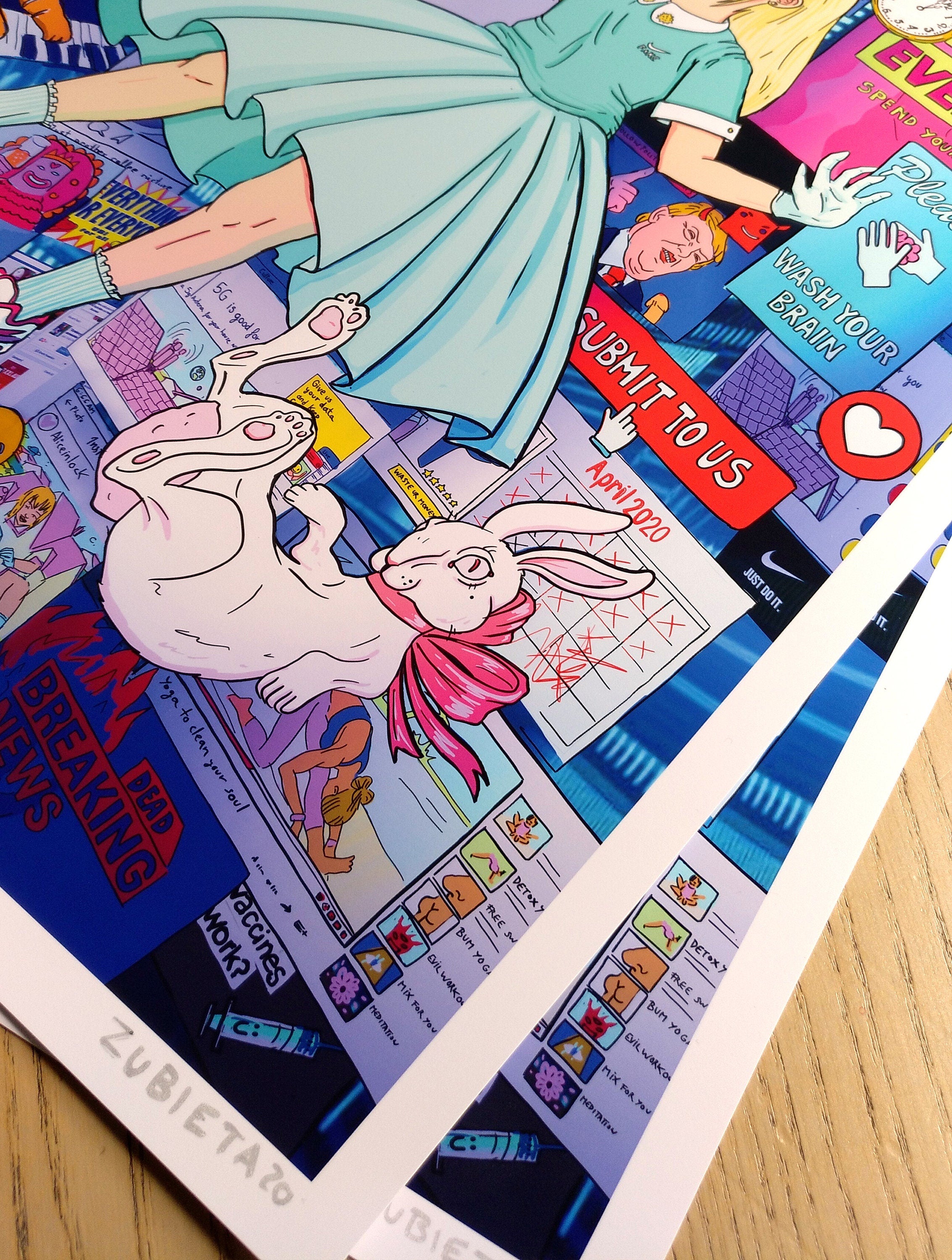 Alice in Lockdown Series Bundle featuring five award-winning illustrations with pop culture symbols and pastel colors.