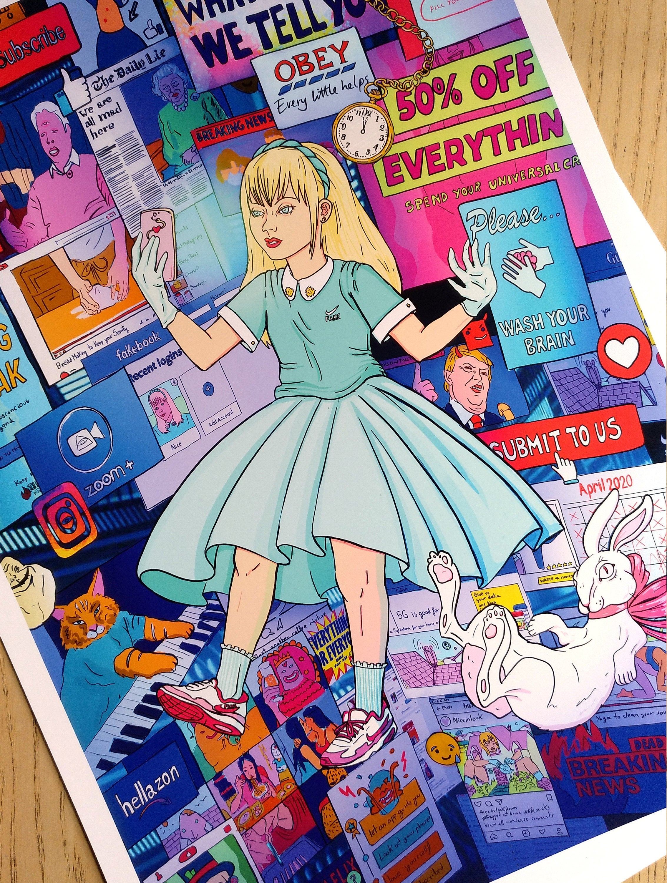 Alice in Lockdown Series Bundle featuring five award-winning illustrations with pop culture symbols and pastel colors.