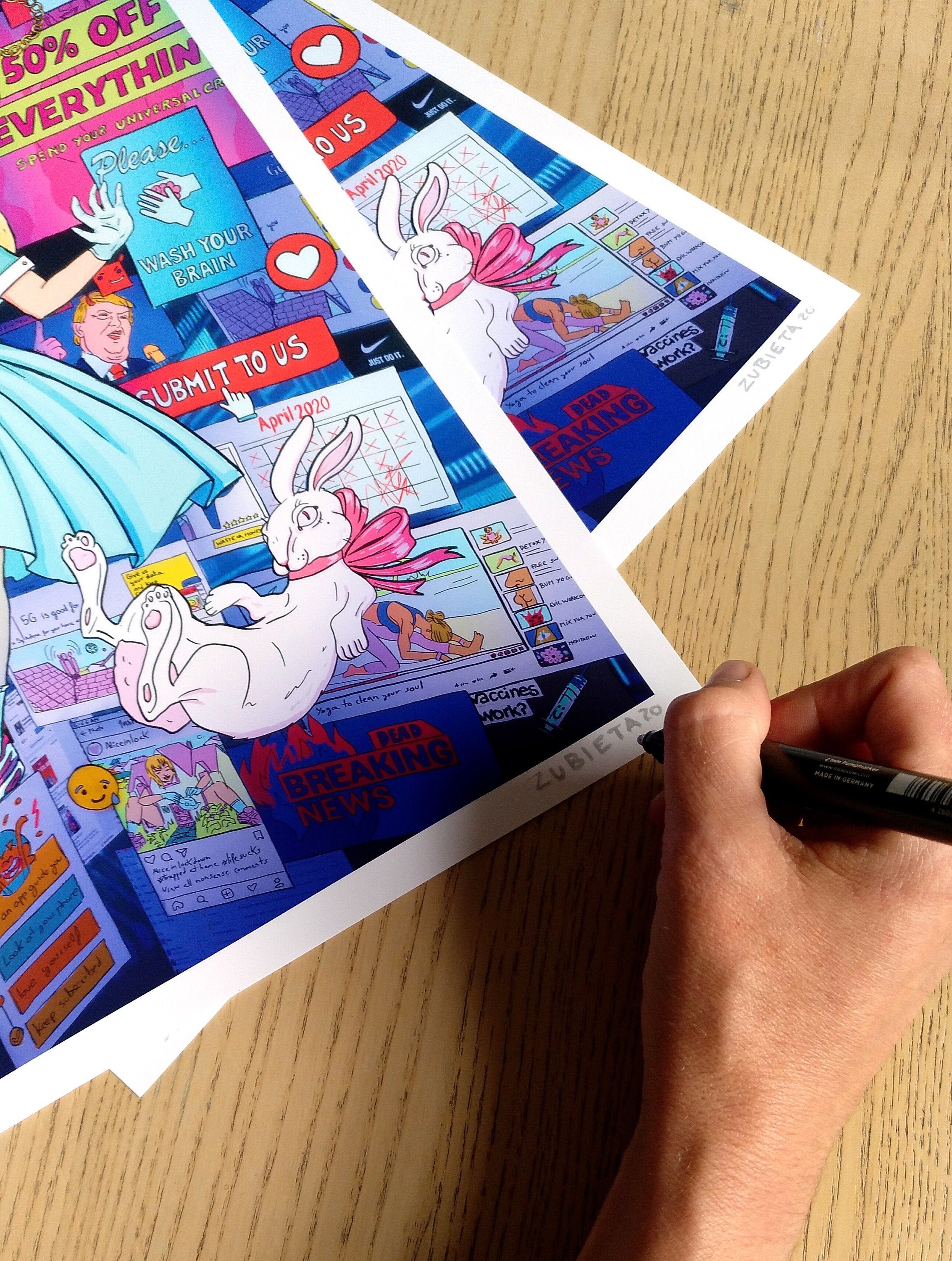 Alice in Lockdown Series Bundle featuring five award-winning illustrations with pop culture symbols and pastel colors.