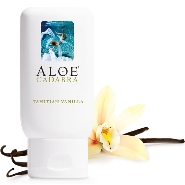 Aloe Cadabra Organic Tahitian Vanilla lubricant in a 74 ml bottle, featuring a sleek design and vibrant labeling that highlights its organic ingredients and delicious flavor.