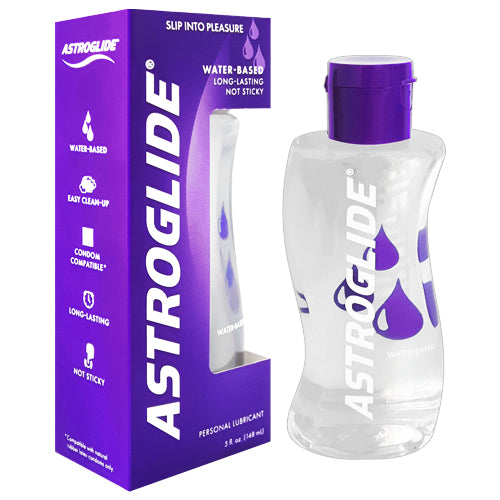 Astroglide Liquid Water-Based lubricant bottle with a sleek design, showcasing its water-based formula for enhanced sexual pleasure.