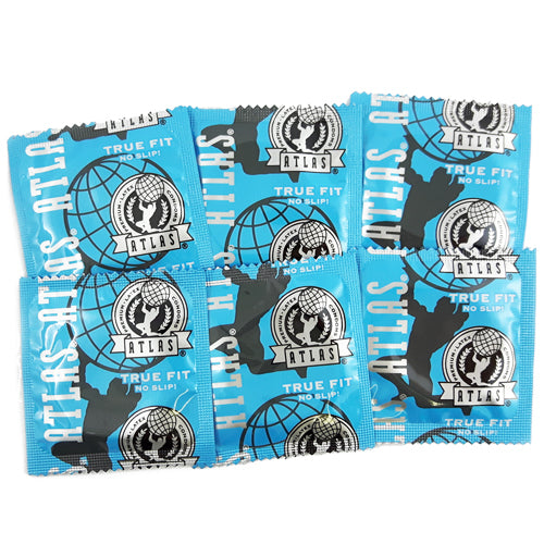 Atlas True Fit condoms in packaging, showcasing their contoured shape and natural rubber latex material.