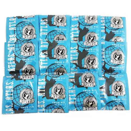 Atlas True Fit condoms in packaging, showcasing their contoured shape and natural rubber latex material.