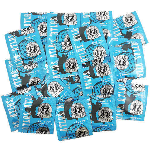 Atlas True Fit condoms in packaging, showcasing their contoured shape and natural rubber latex material.