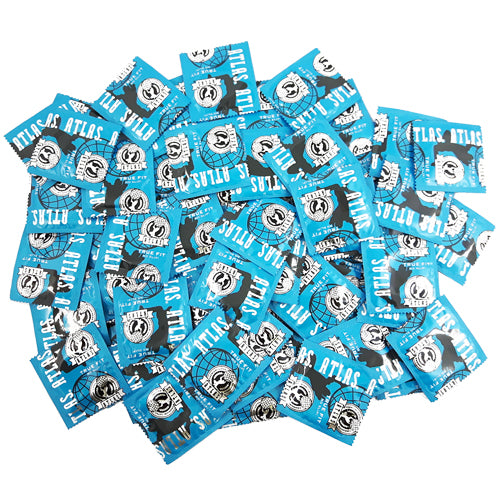 Atlas True Fit condoms in packaging, showcasing their contoured shape and natural rubber latex material.