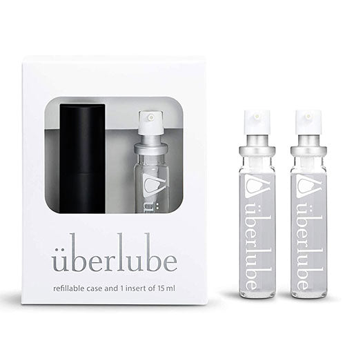 überlube Black Good-to-Go Traveler Set with three 15ml lubricant refills in a sleek black metal case, perfect for travel.