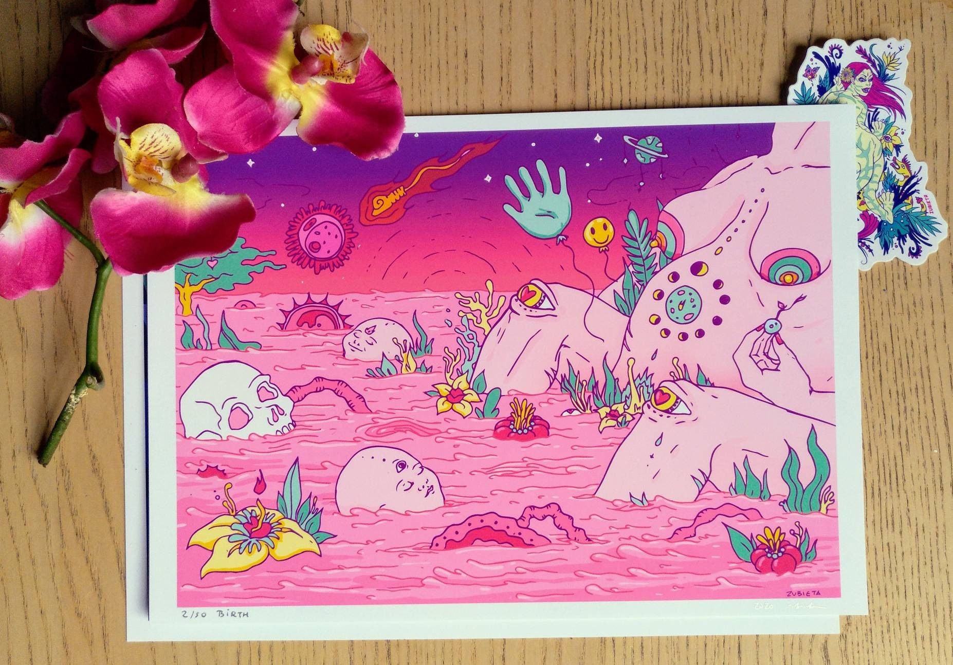 Gicleé print titled Birth II, showcasing themes of womanhood, fertility, and birth, with vibrant colors and fine art quality.