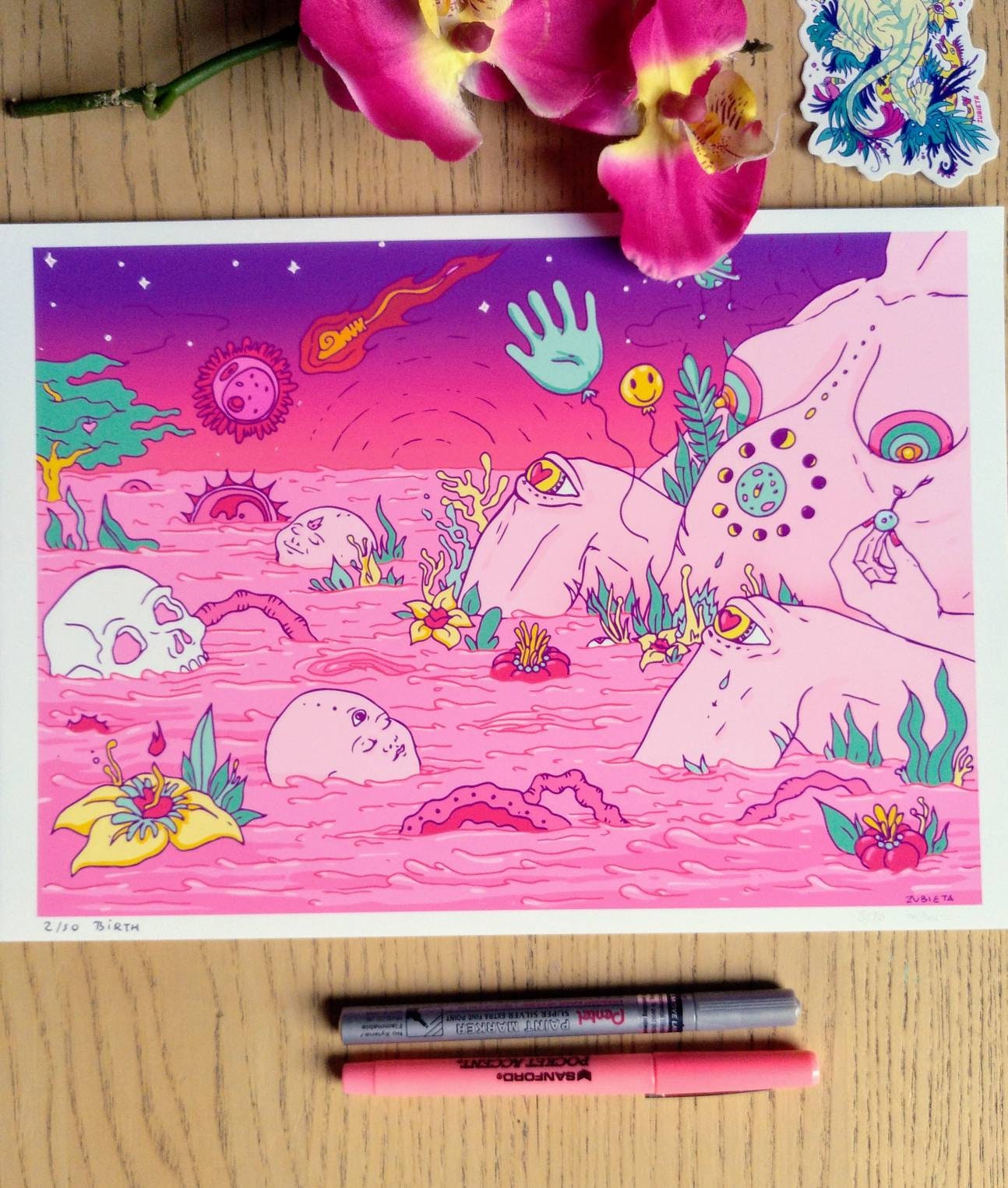 Gicleé print titled Birth II, showcasing themes of womanhood, fertility, and birth, with vibrant colors and fine art quality.