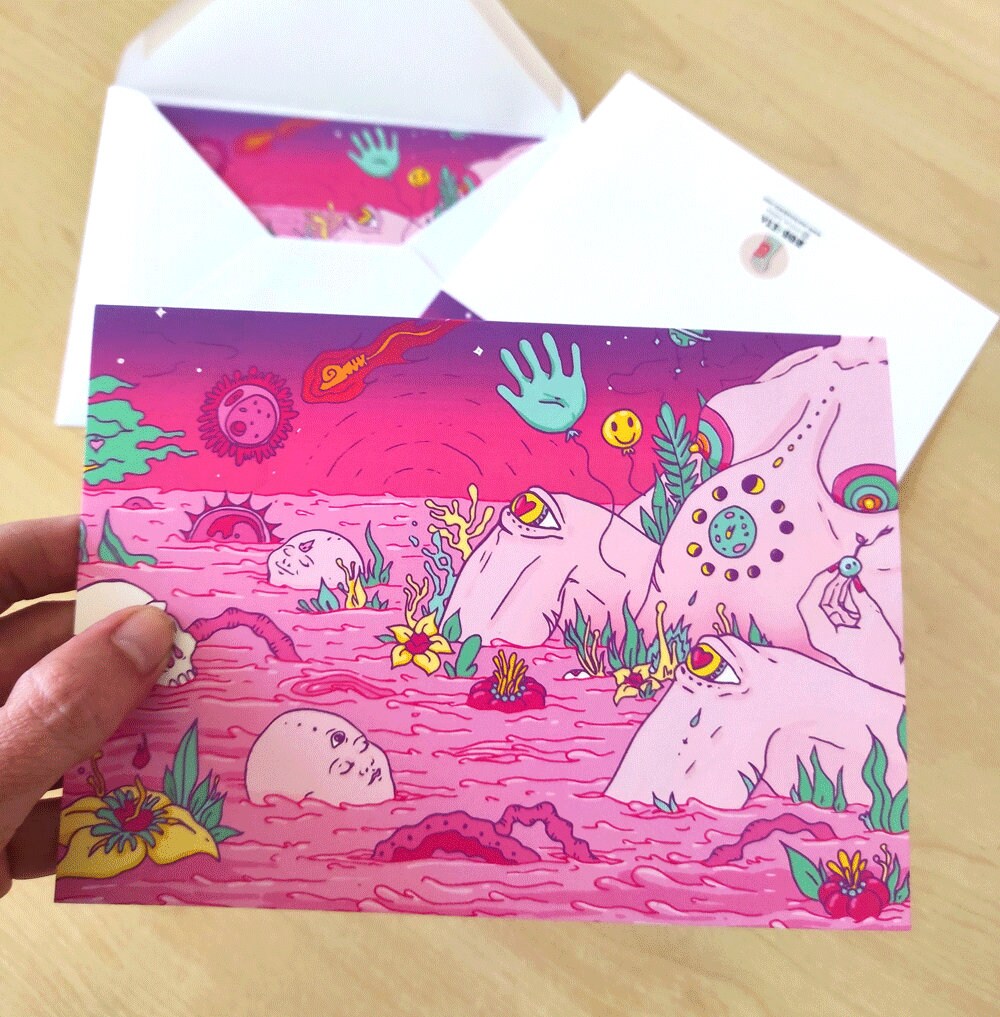 Birth I Greeting Card featuring surreal design for new mothers, printed on high-quality cardstock with a recycled envelope.