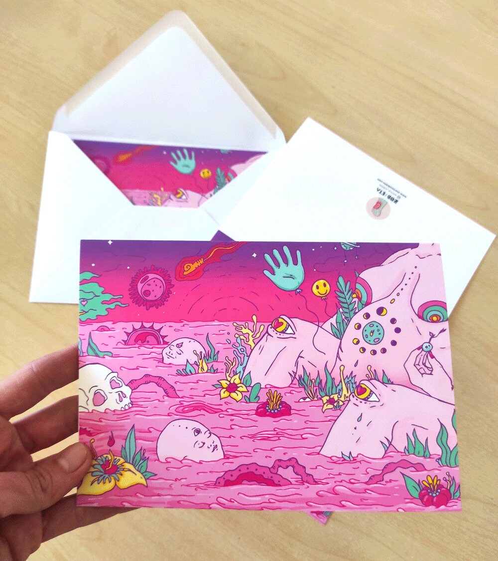 Birth I Greeting Card featuring surreal design for new mothers, printed on high-quality cardstock with a recycled envelope.