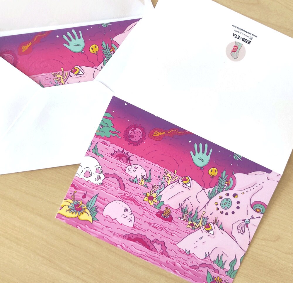 Birth I Greeting Card featuring surreal design for new mothers, printed on high-quality cardstock with a recycled envelope.