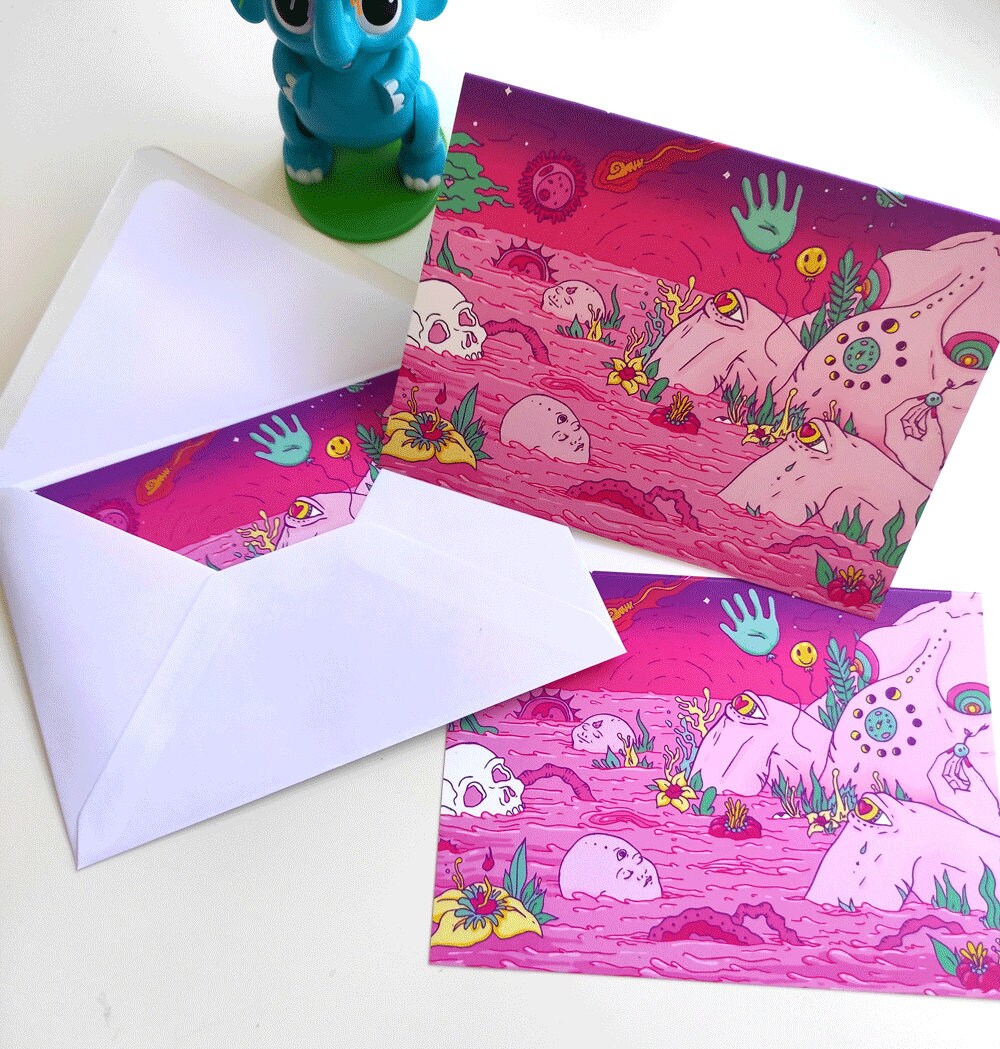 Birth I Greeting Card featuring surreal design for new mothers, printed on high-quality cardstock with a recycled envelope.