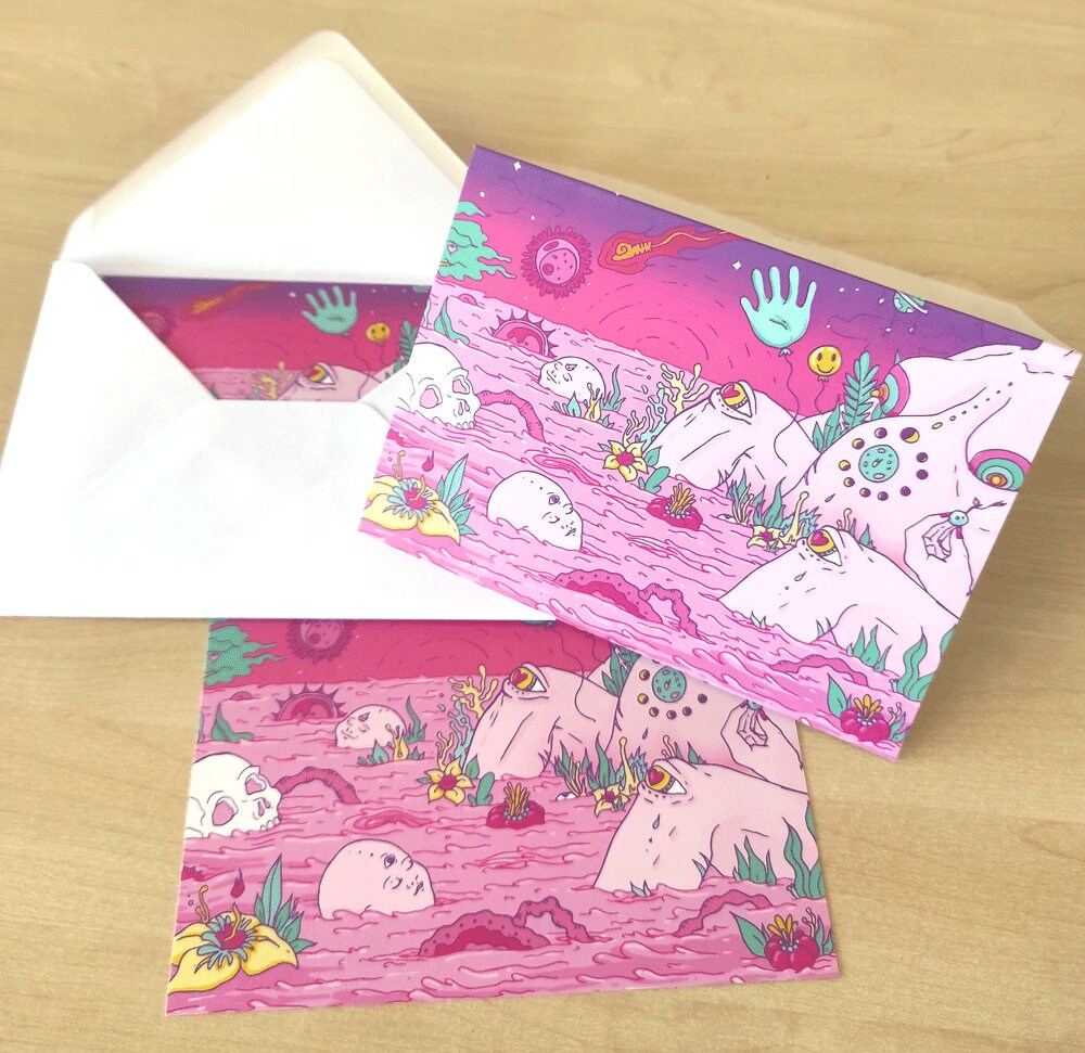 Birth I Greeting Card featuring surreal design for new mothers, printed on high-quality cardstock with a recycled envelope.