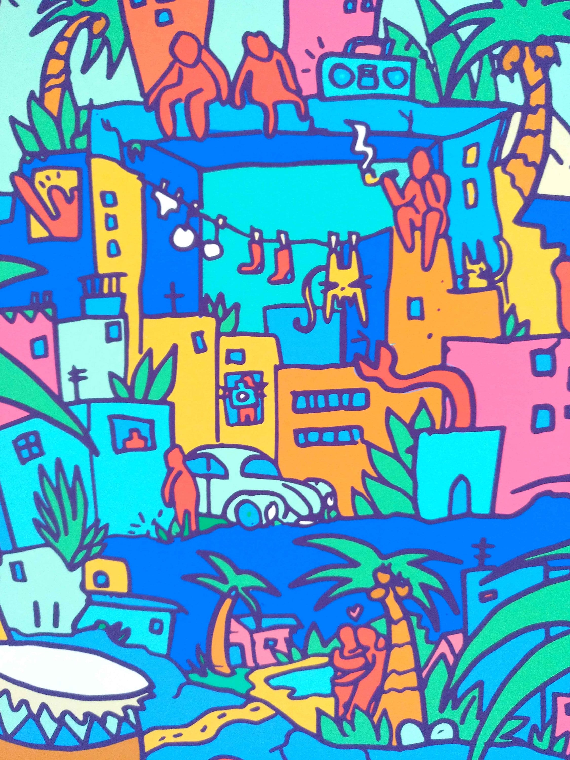 A vibrant gicleé print depicting a surreal city inspired by Brazilian music, featuring colorful characters, unique buildings, and lush plants.