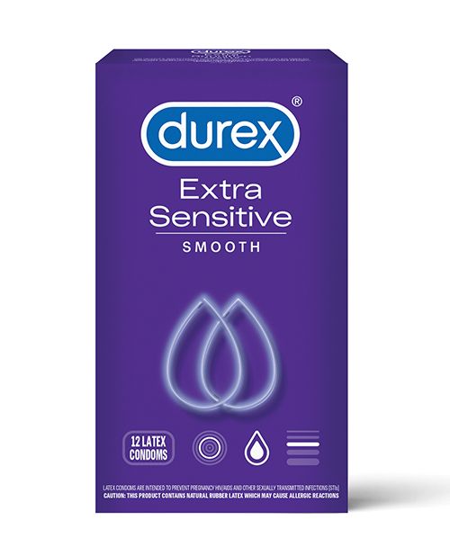 Durex Extra Sensitive Smooth Box 12 condoms, ultra-thin latex for heightened sensitivity and extra lubrication.