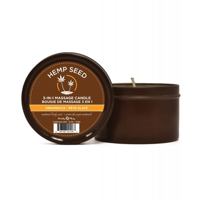 Earthly Body Hemp Candle 3 IN 1 Round Tin in Dreamsicle scent, showcasing its elegant design and natural ingredients.