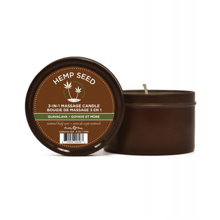 Earthly Body Hemp Candle 3 IN 1 Round Tin in Guavalava scent, featuring a vibrant design and a warm glow, perfect for relaxation and massage.