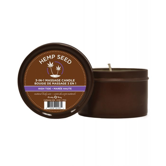 Earthly Body Hemp Candle 3 IN 1 Round Tin High Tide with a soothing ambiance and natural ingredients for massage and skin care.