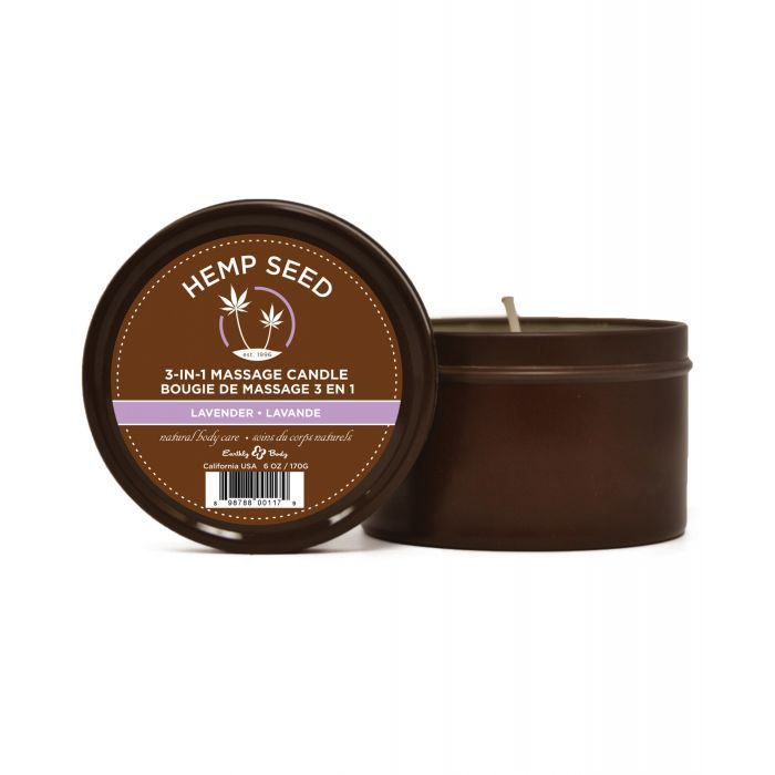 Earthly Body Hemp Candle 3 IN 1 Round Tin in Lavender scent, showcasing its elegant design and soothing ambiance.