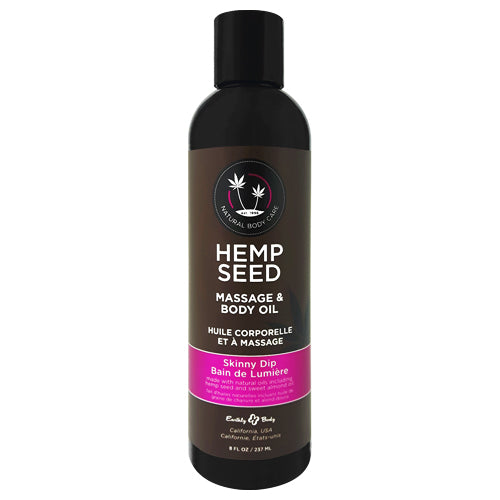Earthly Body Hemp Seed Skinny Dip Oil bottle with a natural blend of essential oils for massage and skin conditioning.