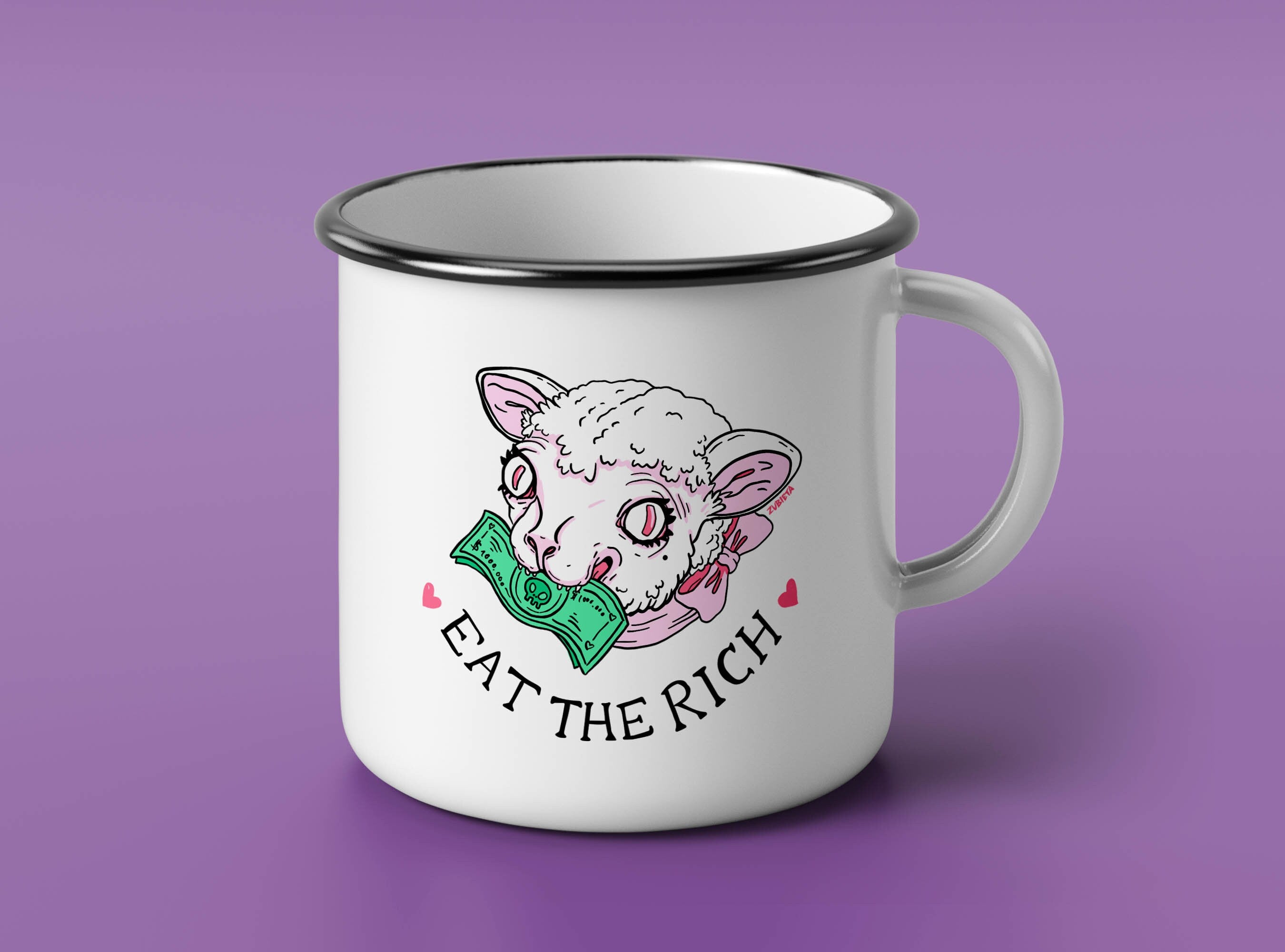 A high-quality stainless steel enamel mug featuring the phrase 'Eat the Rich', showcasing its durable design and thoughtful social commentary.