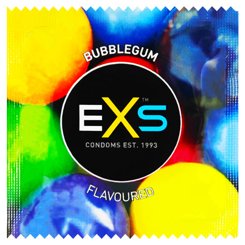 EXS Bubblegum condoms in a colorful packaging, showcasing their bubblegum flavor and unique design.