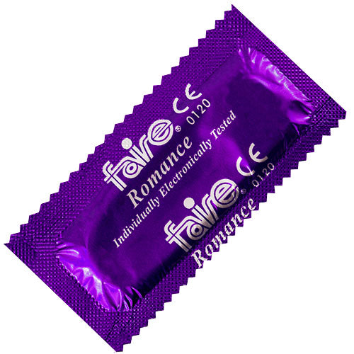 A pack of Faire Romance natural rubber latex condoms, featuring a sleek design and clear packaging, emphasizing safety and pleasure.